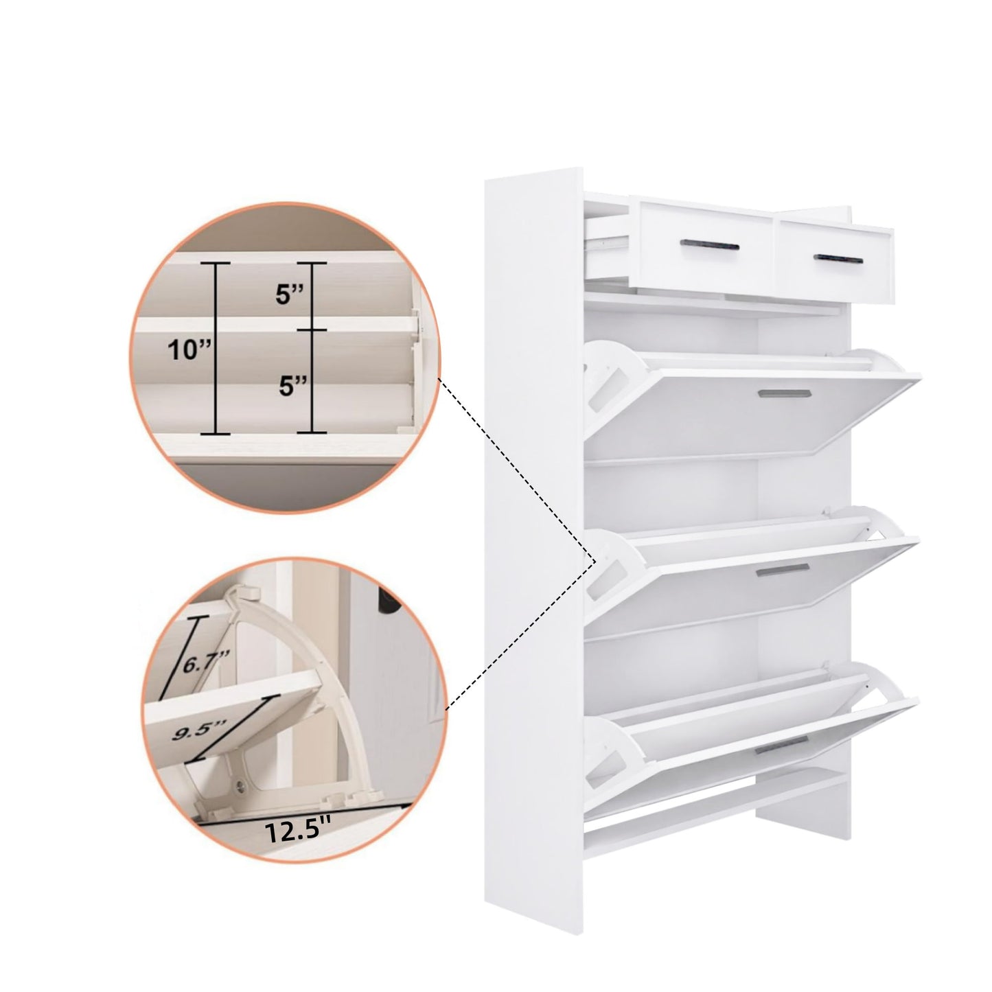 Shaker Shape Door Shoe Rack 3 Doors Shoe Cabinet With 2 Drawers With Open Space For Shoes - Matte White