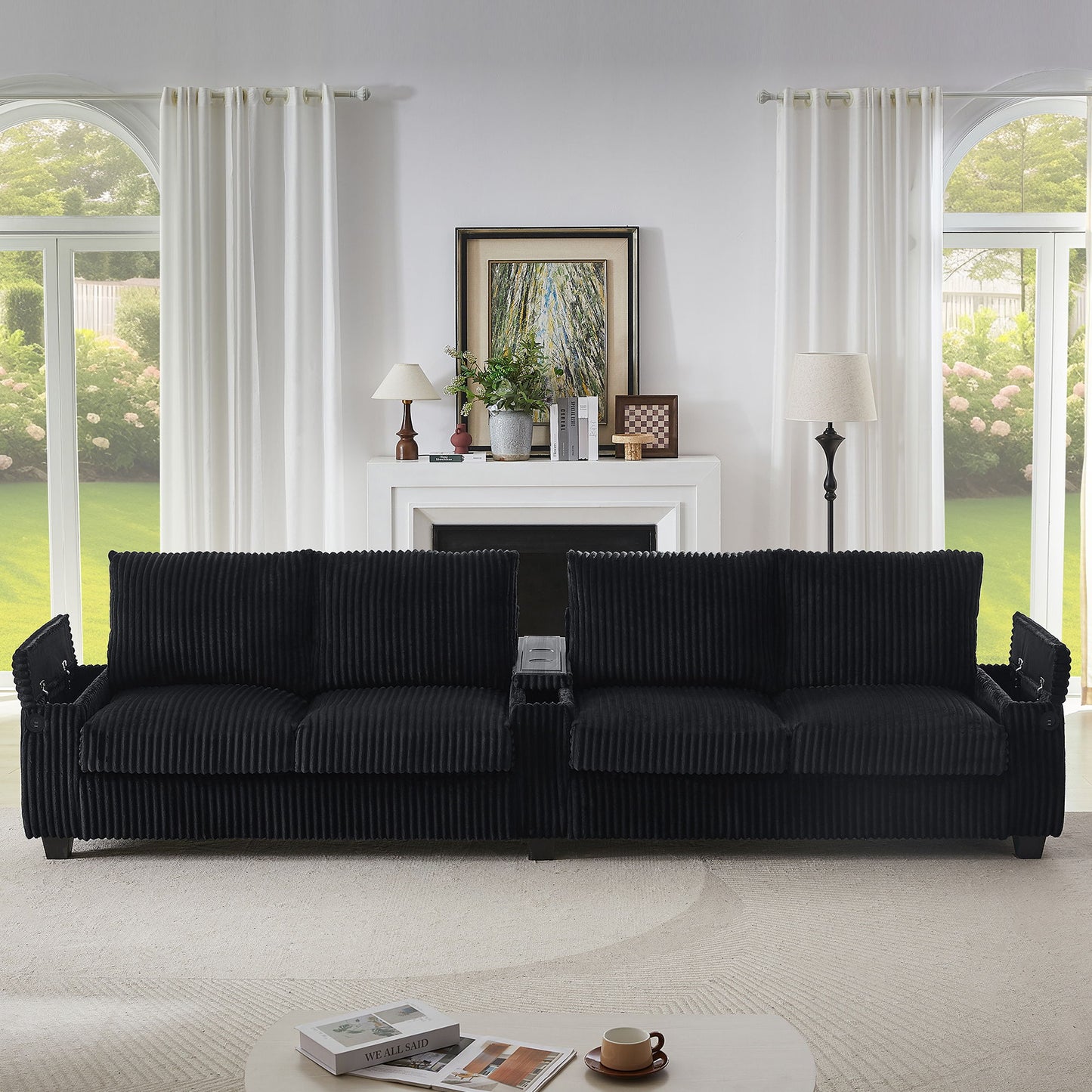 Modern 4 Seater Corduroy Sofa Couch With USB Ports And Hidden Storage - Black