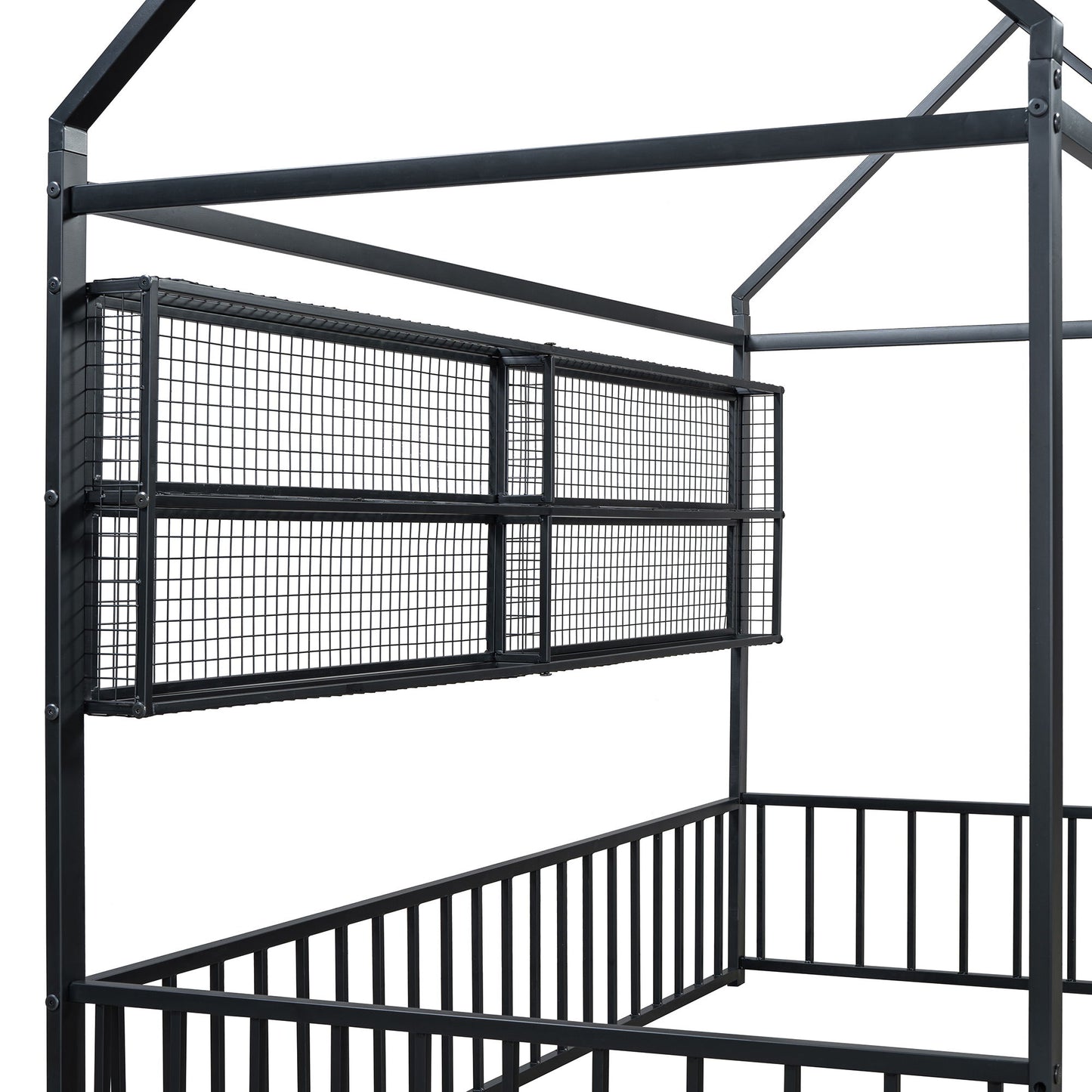 Twin Size Bed House Frame With Fence And Shelves - Black