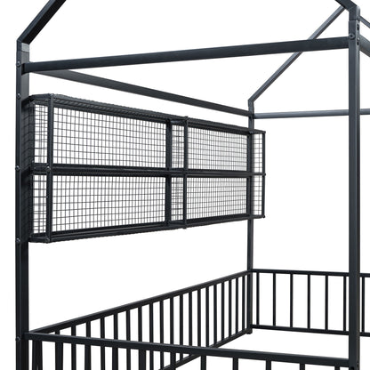 Twin Size Bed House Frame With Fence And Shelves - Black