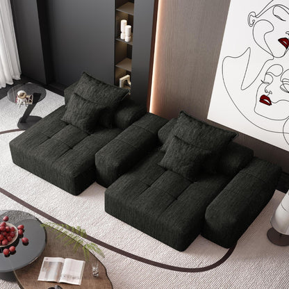 Modern Oversized Modular Sectional Sofa With 2 Chaise Lounge And 2 Armrest, Sparkling Chenille Fabric Soft Cushion Sofa With 4 Pillows, 4 Pieces Diy Combination Tufted Sofa, No Assembly Required - Black