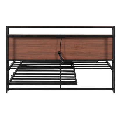 Queen Size Platform Bed Frame With Trundle, USB Ports And Slat Support, No Box Spring Needed - Black