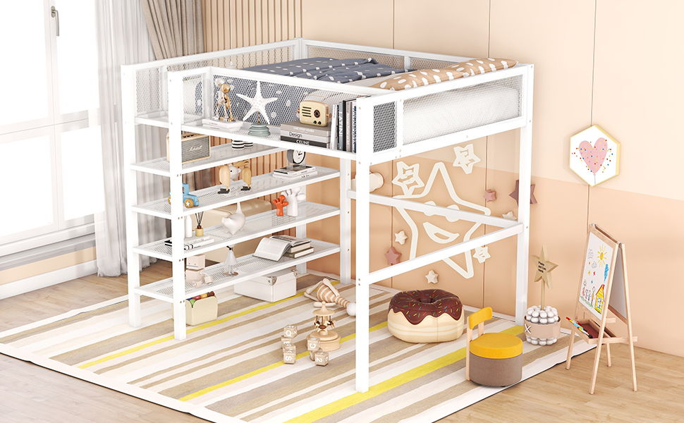 Full Size Loft Bed With 4 Tier Shelves And Storage - White