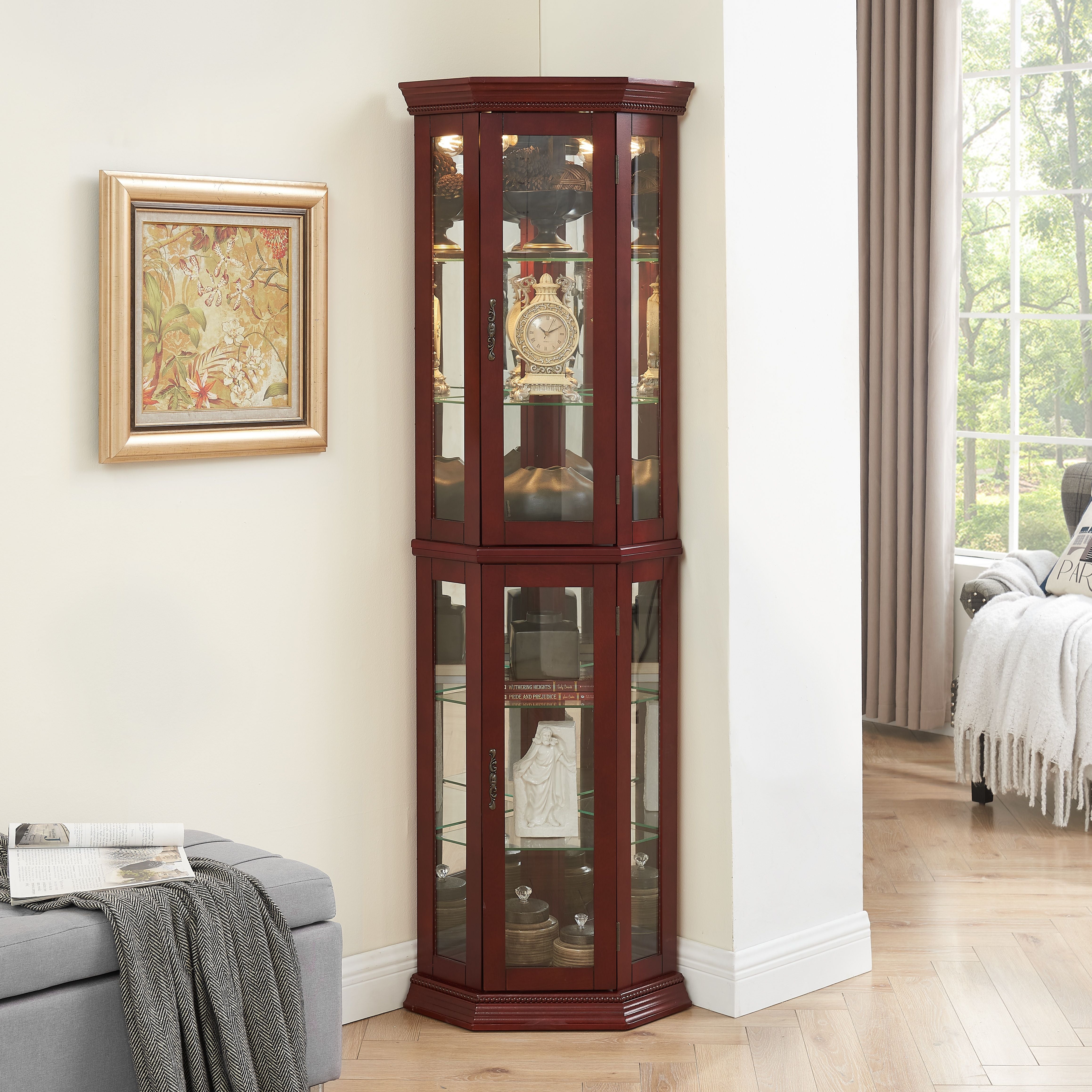Corner Curio Cabinet With Lights, Adjustable Tempered Glass Shelves, Mirrored Back, Display Cabinet (E26 Light Bulb Not Included) - Cherry