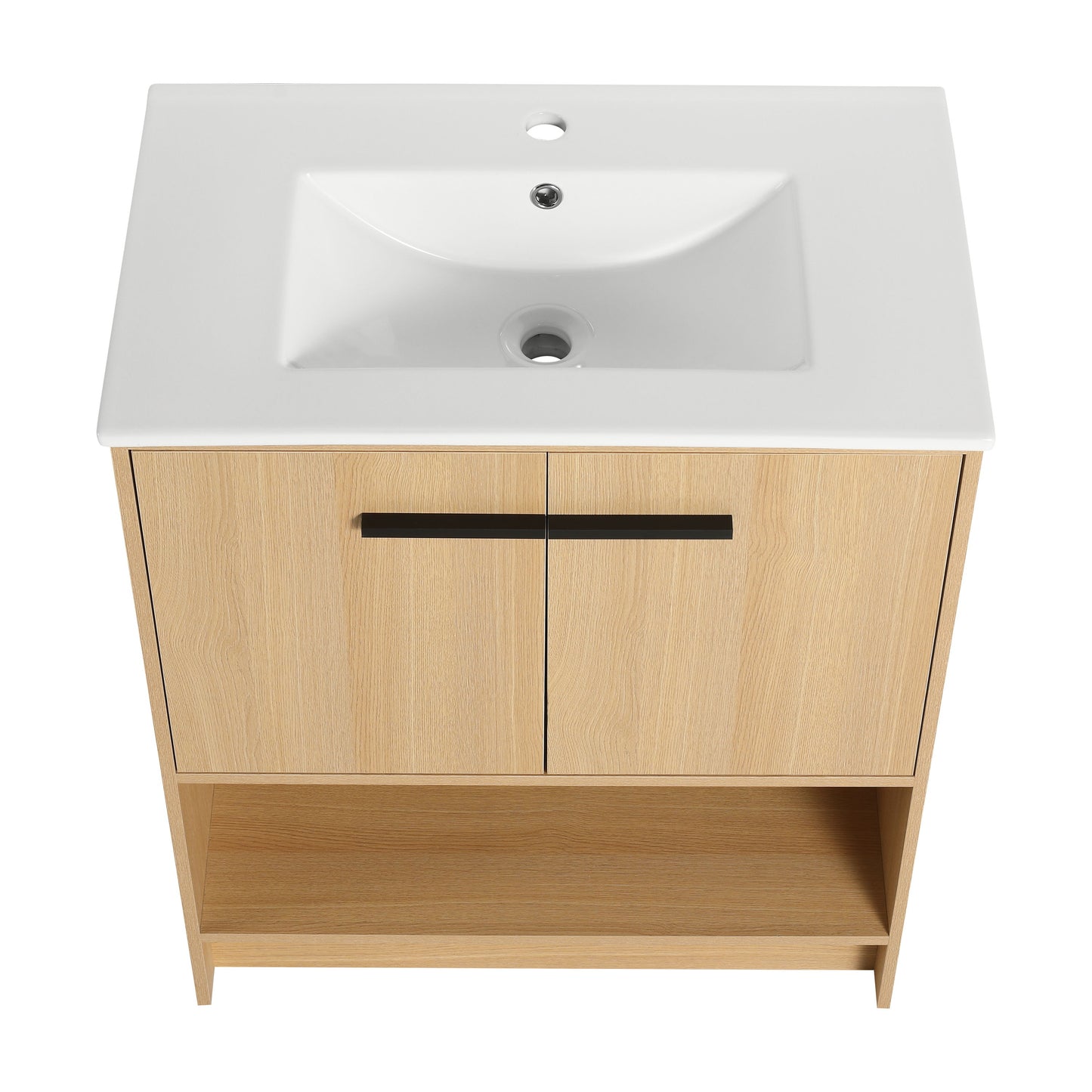 Modern 30" Bathroom Vanity With Ceramic Sink, Freestanding Cabinet, 2 Soft Closing Doors - Oak