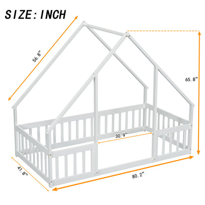 Twin Wood House-Shaped Floor Bed With Fence, Guardrails - White