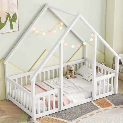 Twin Wood House-Shaped Floor Bed With Fence, Guardrails - White