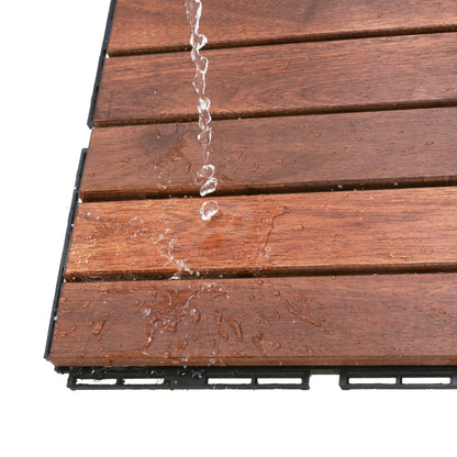 10 Piece Interlocking Deck Tiles Striped Pattern, Square Acacia Hardwood Outdoor Flooring For Patio, Bancony, Pool Side - Brown