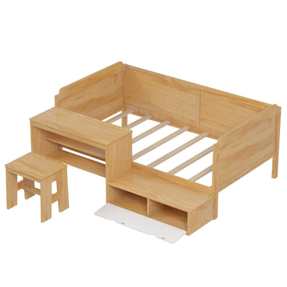 Twin Size Daybed With Storage Shelves And Lockers, Multi Functional Bed With Study Desk And Matching Stool - Natural