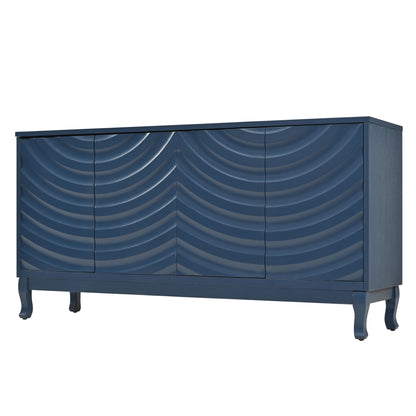 Elegant Sideboard With Sophisticated Wavy Pattern Doors And Arched Groove Design, Adjustable 4 Door Layout - Navy Blue