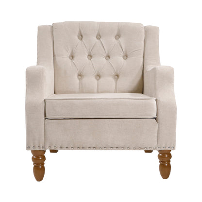 Accent Chair, Living Room Chair, Footrest Chair Set With Vintage Brass Studs, Button Tufted Upholstered Armchair For Living Room, Comfy Reading Chair For Bedroom, Reception Room - Beige