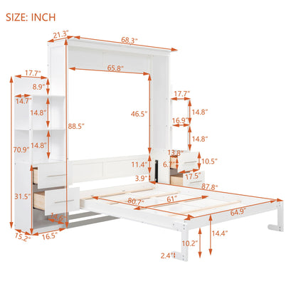 Queen Size Murphy Wall Bed With Shelves, Drawers And LED Lights - White