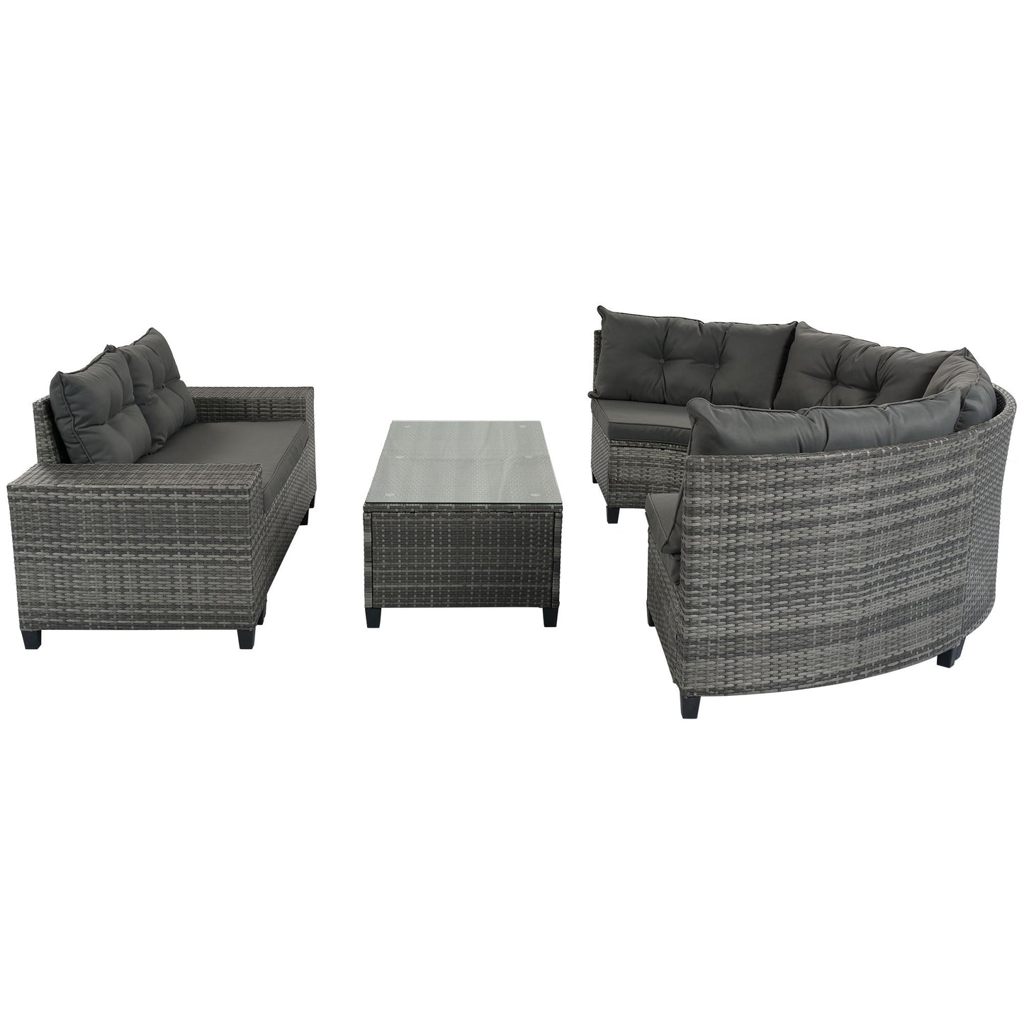 8 Pieces Outdoor Wicker Round Sofa Set, Half-Moon Sectional Sets All Weather, Curved Sofa Set With Rectangular Coffee Table, PE Rattan Water-Resistant And UV Protected, Movable Cushion - Gray