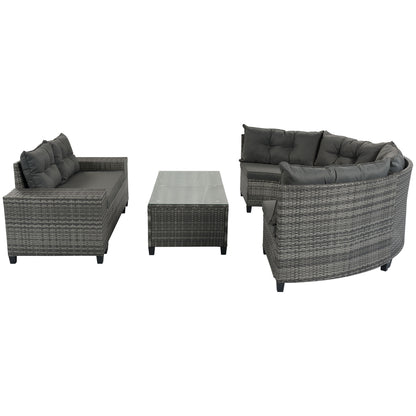 8 Pieces Outdoor Wicker Round Sofa Set, Half-Moon Sectional Sets All Weather, Curved Sofa Set With Rectangular Coffee Table, PE Rattan Water-Resistant And UV Protected, Movable Cushion - Gray