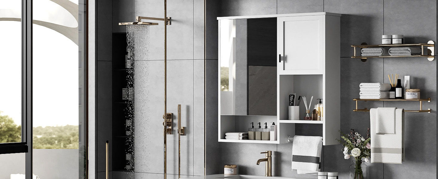 Modern Wall Mounted Bathroom Medicine Cabinet, Bathroom Wall Storage Cabinet With Mirror, Over The Toilet Space Saver Cabinet With Towels Bar - White