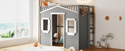 Twin Size House Loft Bed With Ladder - Gray / White