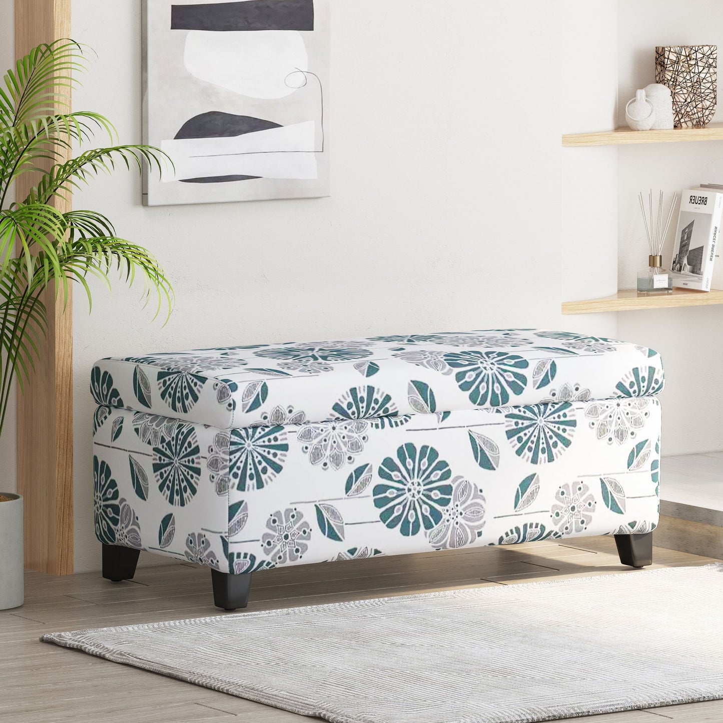 Luxury Storage Ottoman With Floral Patterned Fabric, Soft Close Hinges, Functional Footrest & Seat - Multicolor