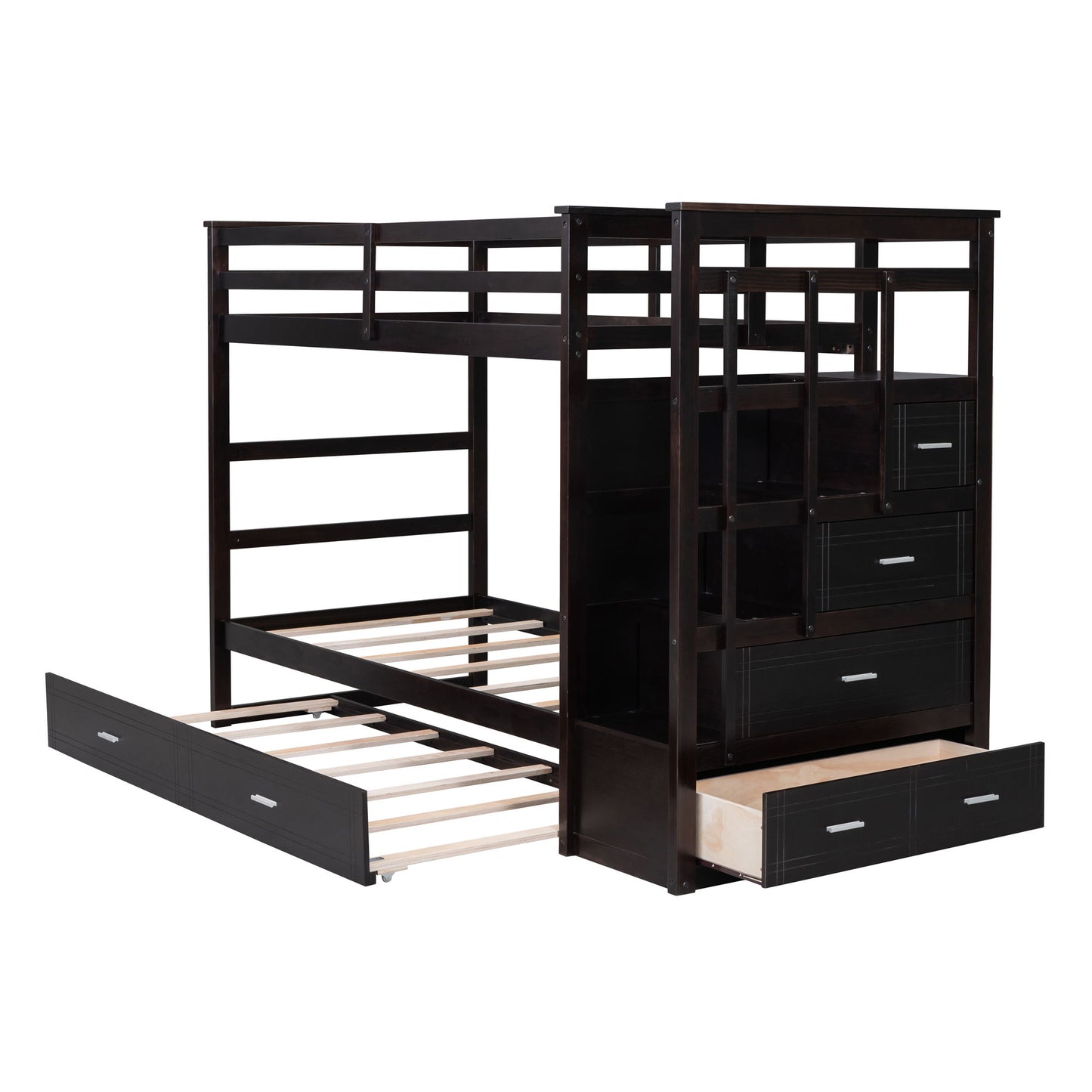 Twin Over Twin Bunk Bed With Trundle And Staircase - Espresso