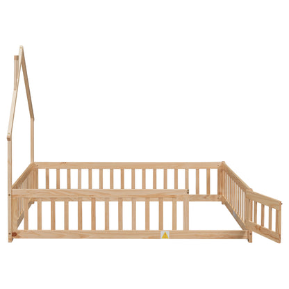 Full House-Shaped Headboard Floor Bed With Fence - Natural