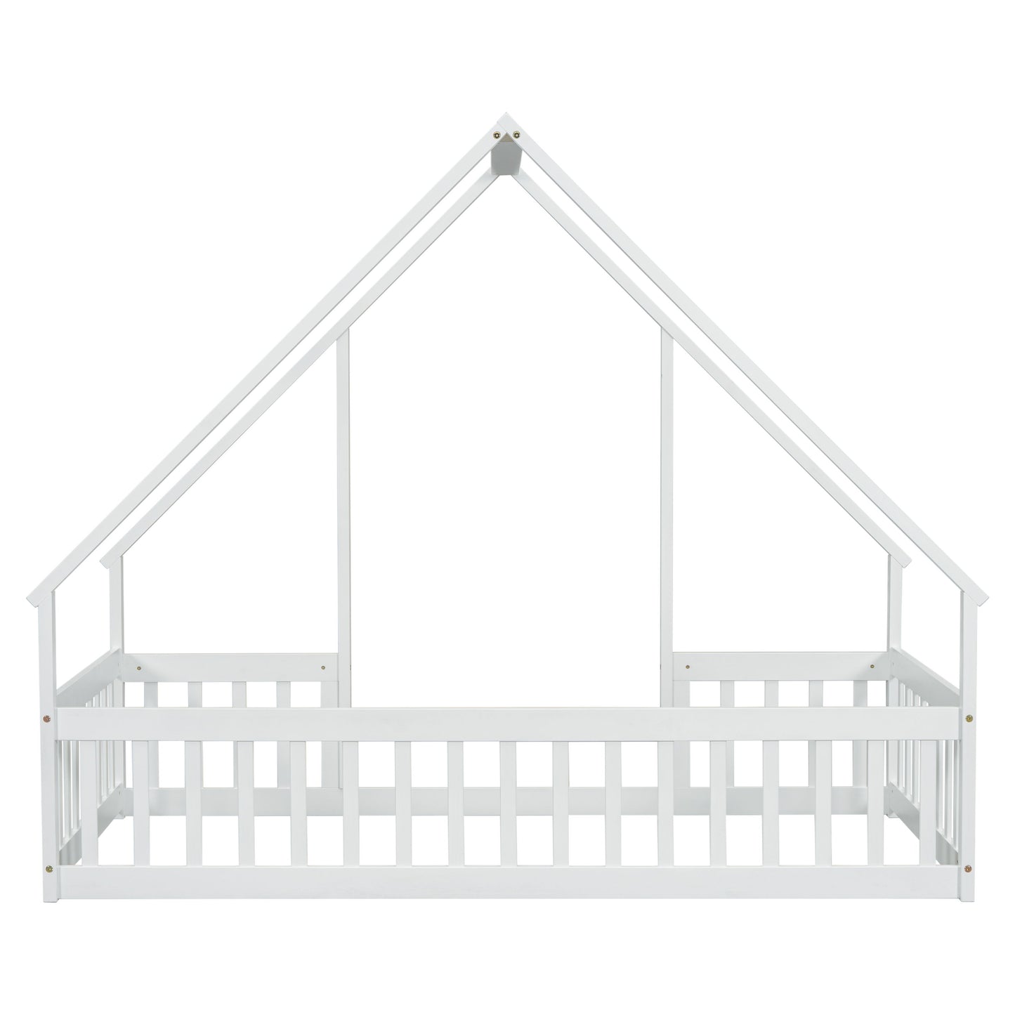 Twin Wood House-Shaped Floor Bed With Fence, Guardrails - White