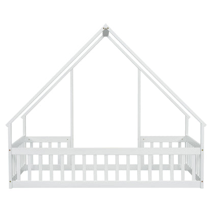 Twin Wood House-Shaped Floor Bed With Fence, Guardrails - White