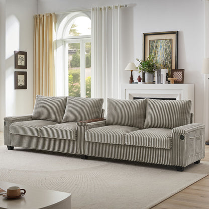 Modern 4 Seater Corduroy Sofa Couch With USB Ports, Hidden Storage Arms, And Flip Top Cup Holders - Brown - Brown