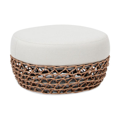 Willow - Round Upholstered Woven Patio Ottoman, Wicker Frame - Wheat Beige / Golden Brown