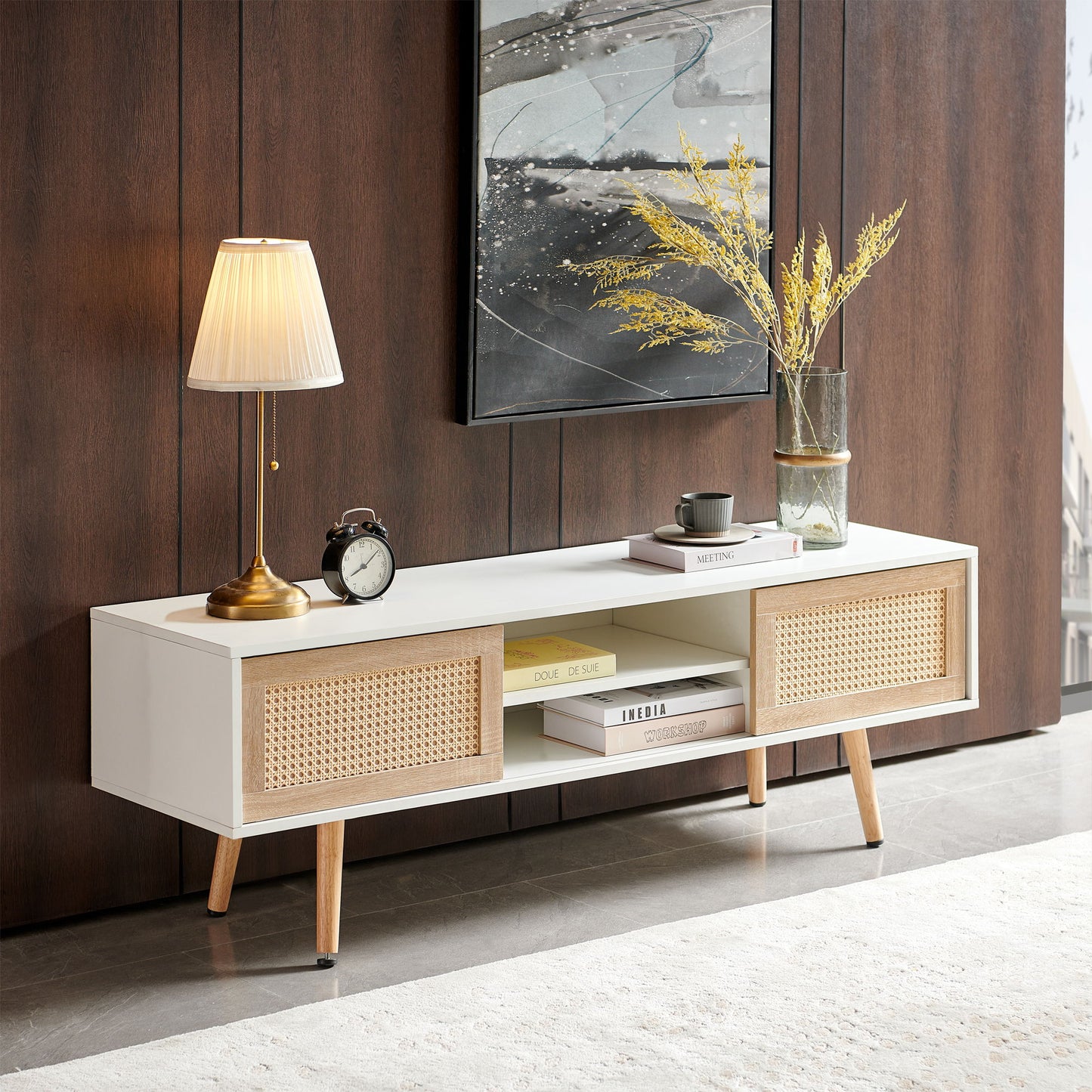 55.12" Rattan TV Cabinet, Double Sliding Doors For Storage, Adjustable Shelf, Solid Wood Legs, TV Console For Living Room - White