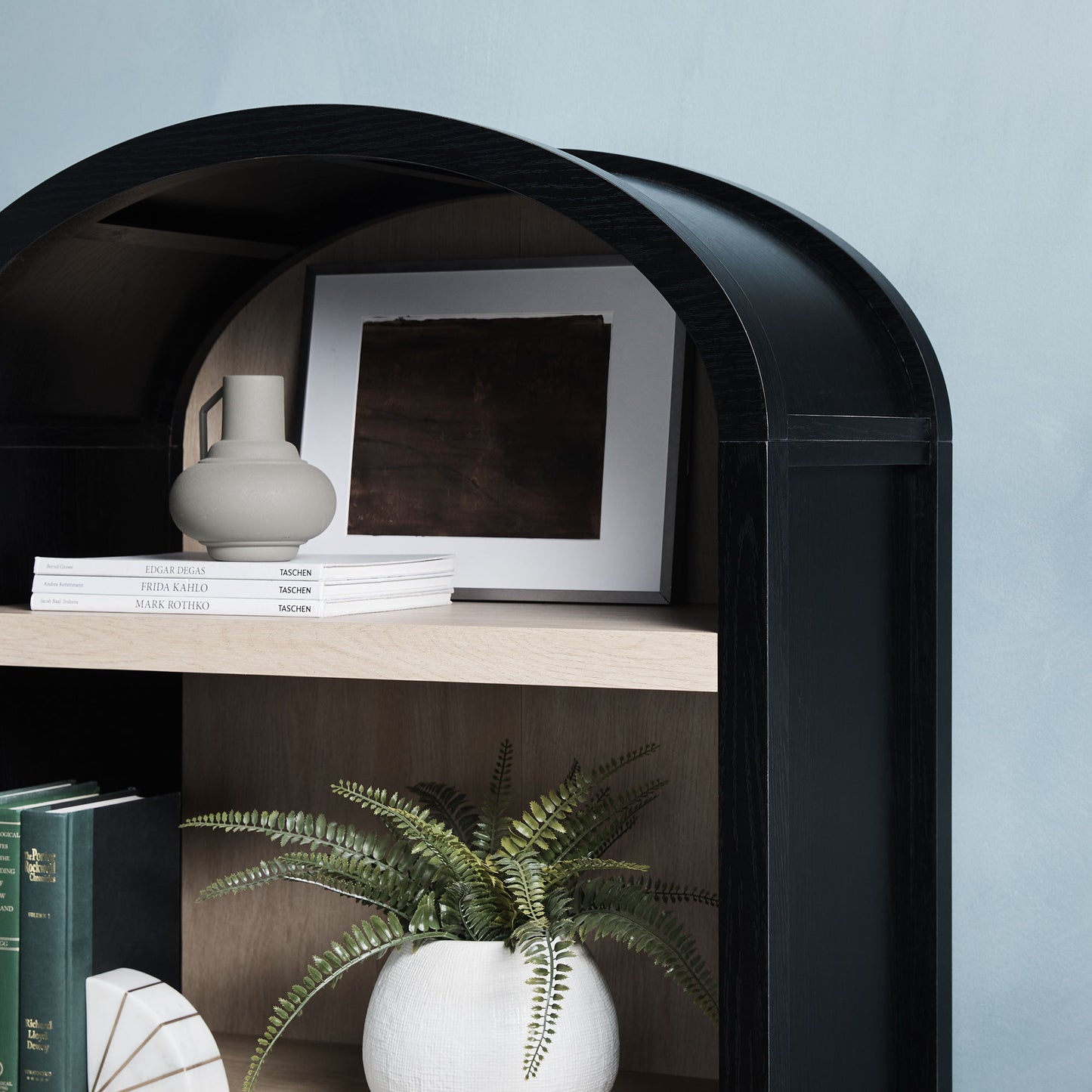 Modern 3 Shelf Open Arched Bookcase Cabinet - Black