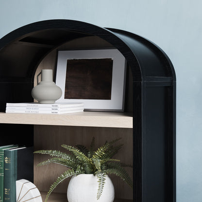 Modern 3 Shelf Open Arched Bookcase Cabinet - Black