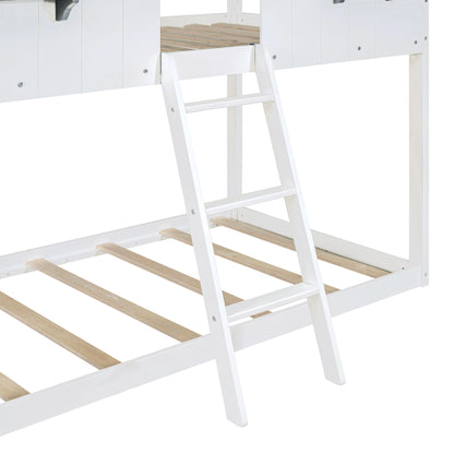 Twin Over Twin Bunk Bed Bed With Roof, Window, Guardrail, Ladder - White