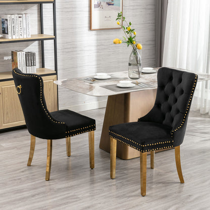 Nikki - Modern, High-End Tufted Solid Wood Contemporary Velvet Upholstered Dining Chair With Golden Stainless Steel Plating Legs, Nailhead Trim (Set of 2) - Black