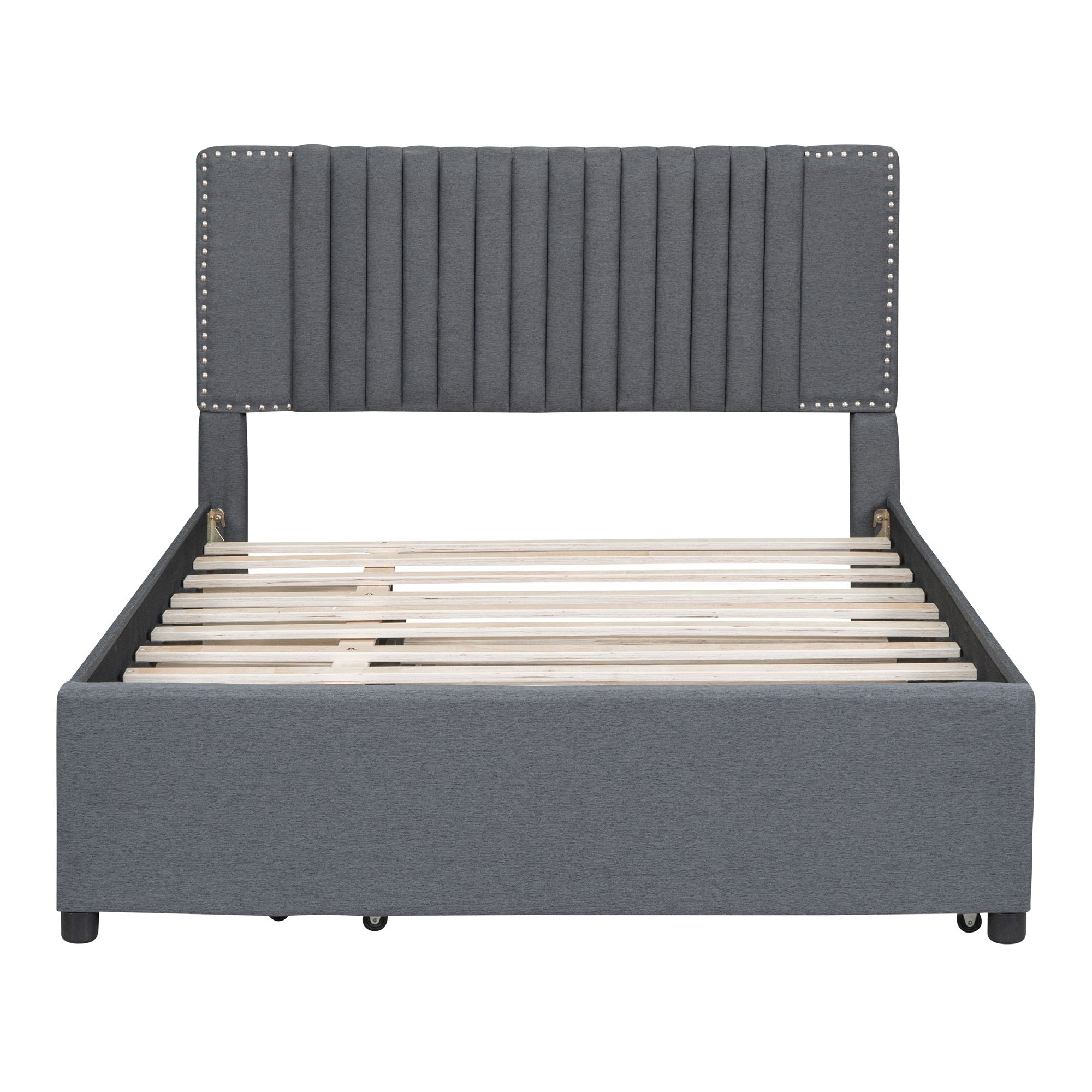 Full Size Upholstered Platform Bed With 2 Drawers And 1 Twin Size Trundle, Classic Headboard Design - Gray