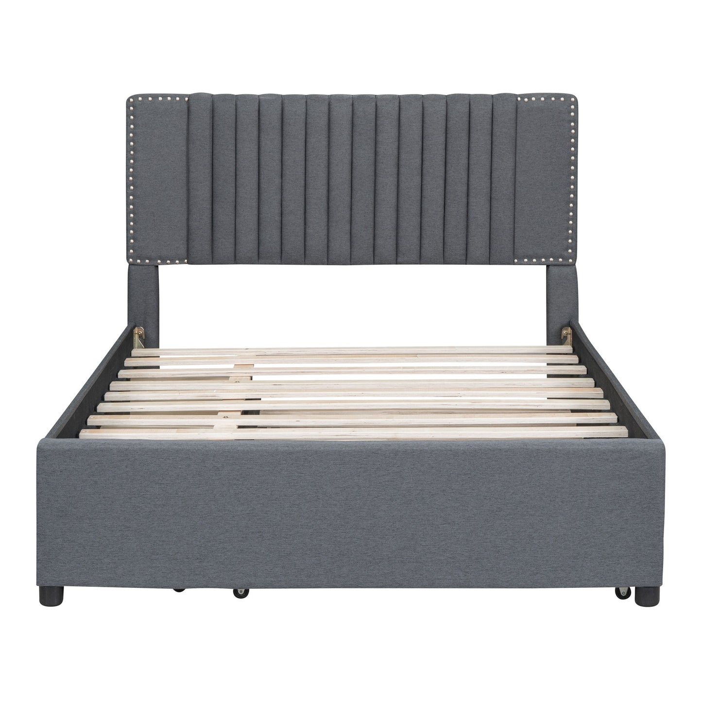 Full Size Upholstered Platform Bed With 2 Drawers And 1 Twin Size Trundle, Classic Headboard Design - Gray