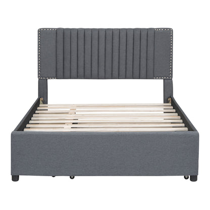 Full Size Upholstered Platform Bed With 2 Drawers And 1 Twin Size Trundle, Classic Headboard Design - Gray
