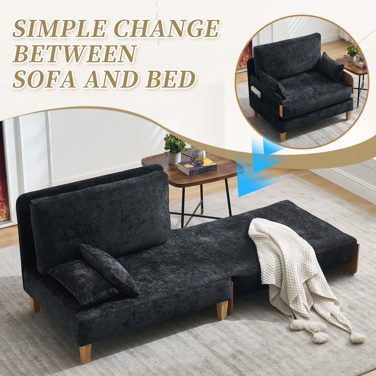 Mid Century Modern Foldable Sofa Bed Recliner, 3 - 1 Convertible Sleeper With 3 Pillows For Small Spaces - Black