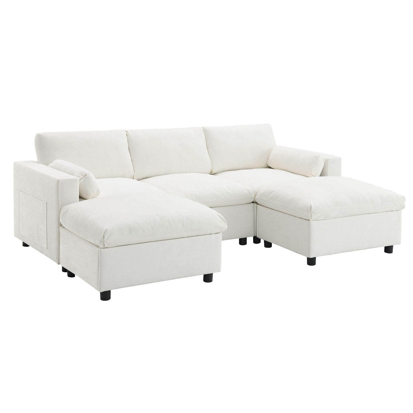 Modular Sectional With Storage Pockets, 5 Seat U Shaped Couch Set With Pillows Free Combination Modern Cloud Sofa With 2 Movable Ottoman - White