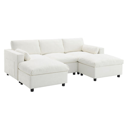Modular Sectional With Storage Pockets, 5 Seat U Shaped Couch Set With Pillows Free Combination Modern Cloud Sofa With 2 Movable Ottoman - White