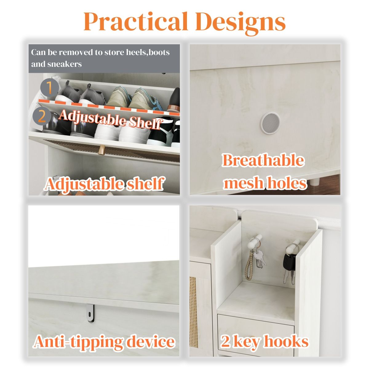 Natural Bohemia Style Shoe Cabinet, Shoe Rack Cabinet With 3 Rattan Flip Drawers, 3 Square Shelves And 1 Storage Drawer, Shoe Organizer With Mulit Storage Space And Hooks For Hallway, Entryway - White