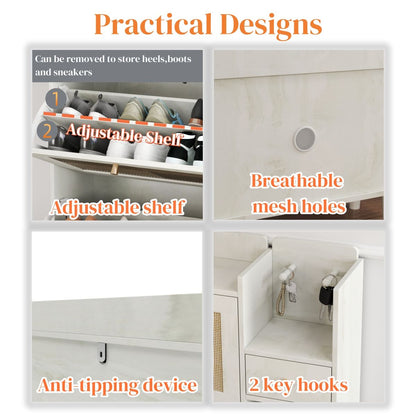 Natural Bohemia Style Shoe Cabinet, Shoe Rack Cabinet With 3 Rattan Flip Drawers, 3 Square Shelves And 1 Storage Drawer, Shoe Organizer With Mulit Storage Space And Hooks For Hallway, Entryway - White