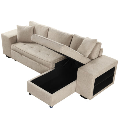 Modern L-Shape 3 Seat Reversible Sectional Couch, Pull Out Sleeper Sofa With Storage Chaise And 2 Stools For Living Room Furniture Set - Cream