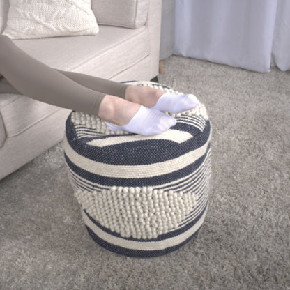 Diamond - Handcrafted Fabric Cylindrical Pouf - White / Dark Blue