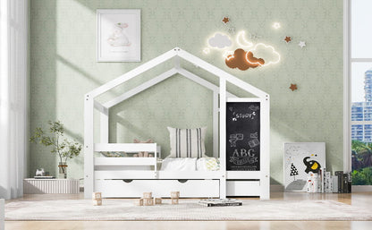 Twin House Bed With Blackboard And Drawers, 2 Assembly Options - White