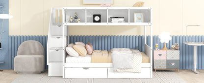 Twin Over Full Bunk Bed With Shelfs, Storage Staircase And 2 Drawers - White
