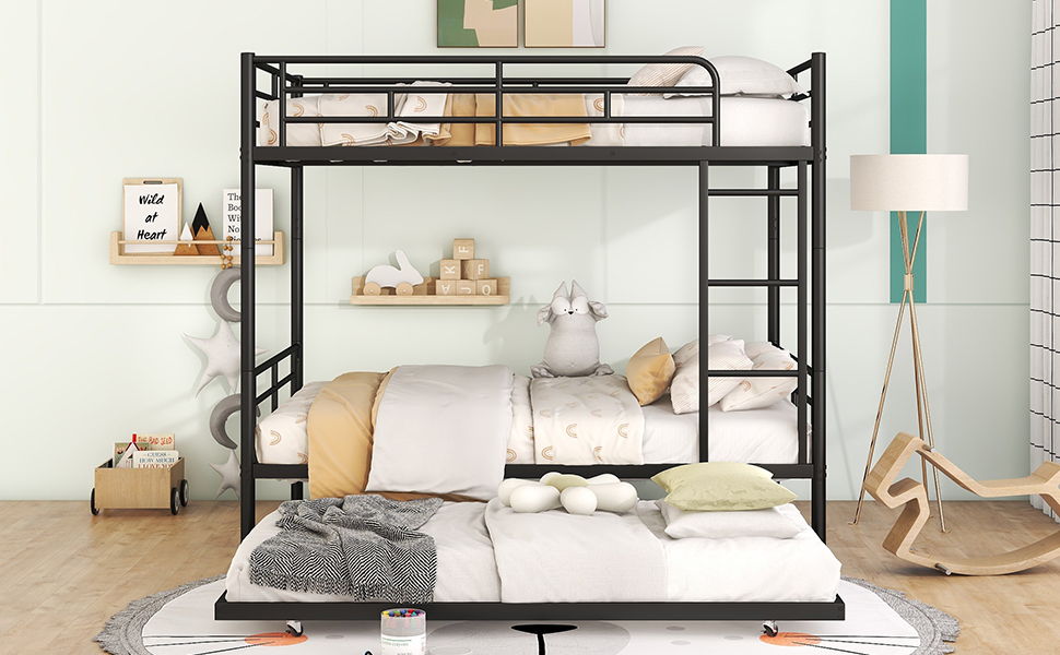 Full Over Full Metal Bunk Bed With Trundle - Black