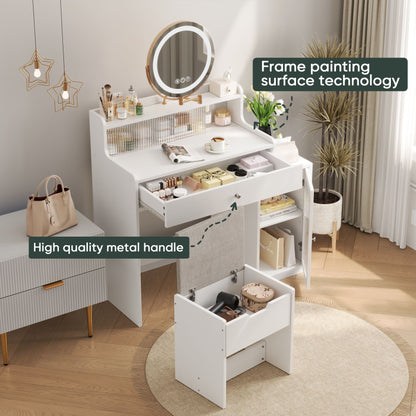 White Vanity Desk With 360ÔøΩÔøΩ Rotated Mirror And Adjustable Lights, Girls Makeup Vanity Table With Storage Chair And Side Cabinet - Antique White