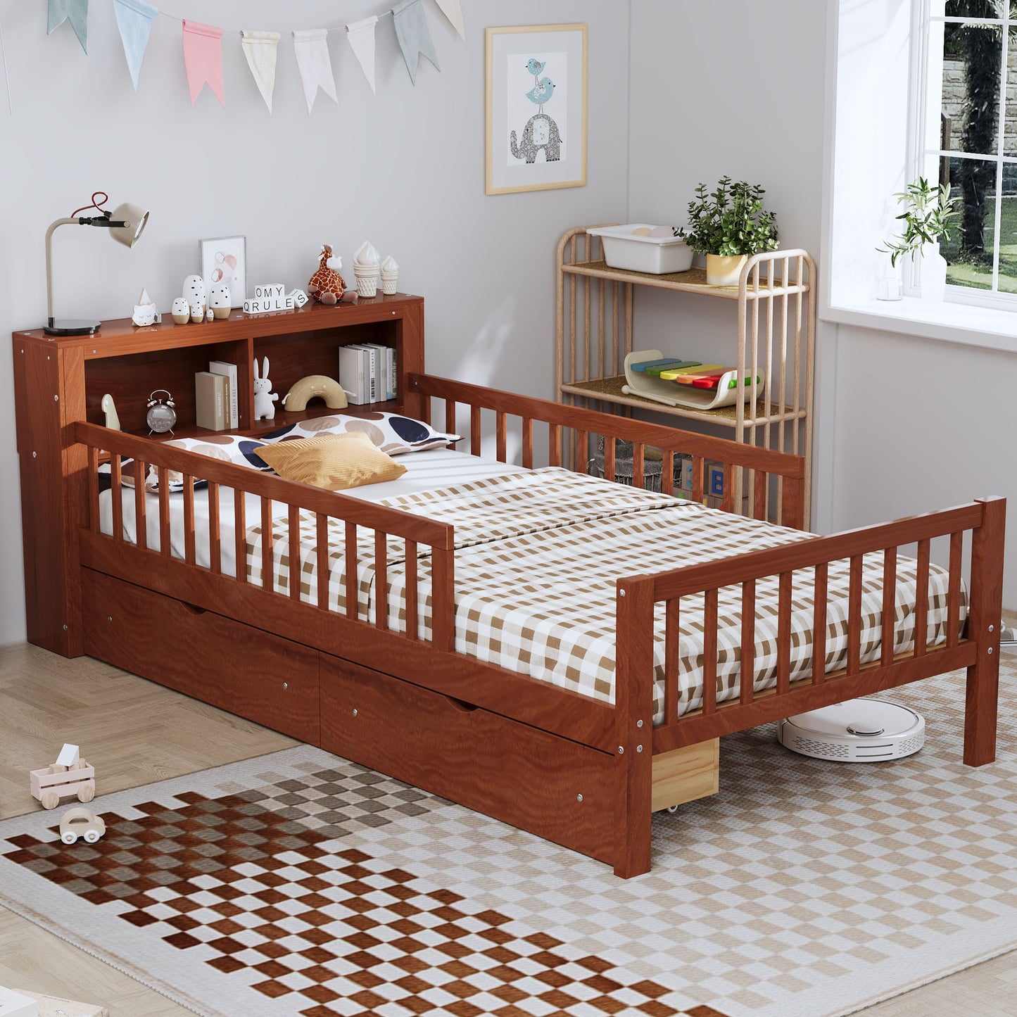 Twin Size Bed With Headboard Storage Rack, 2 Under Bed Drawers, 3 - Side Guardrails For Safety And Security - Walnut