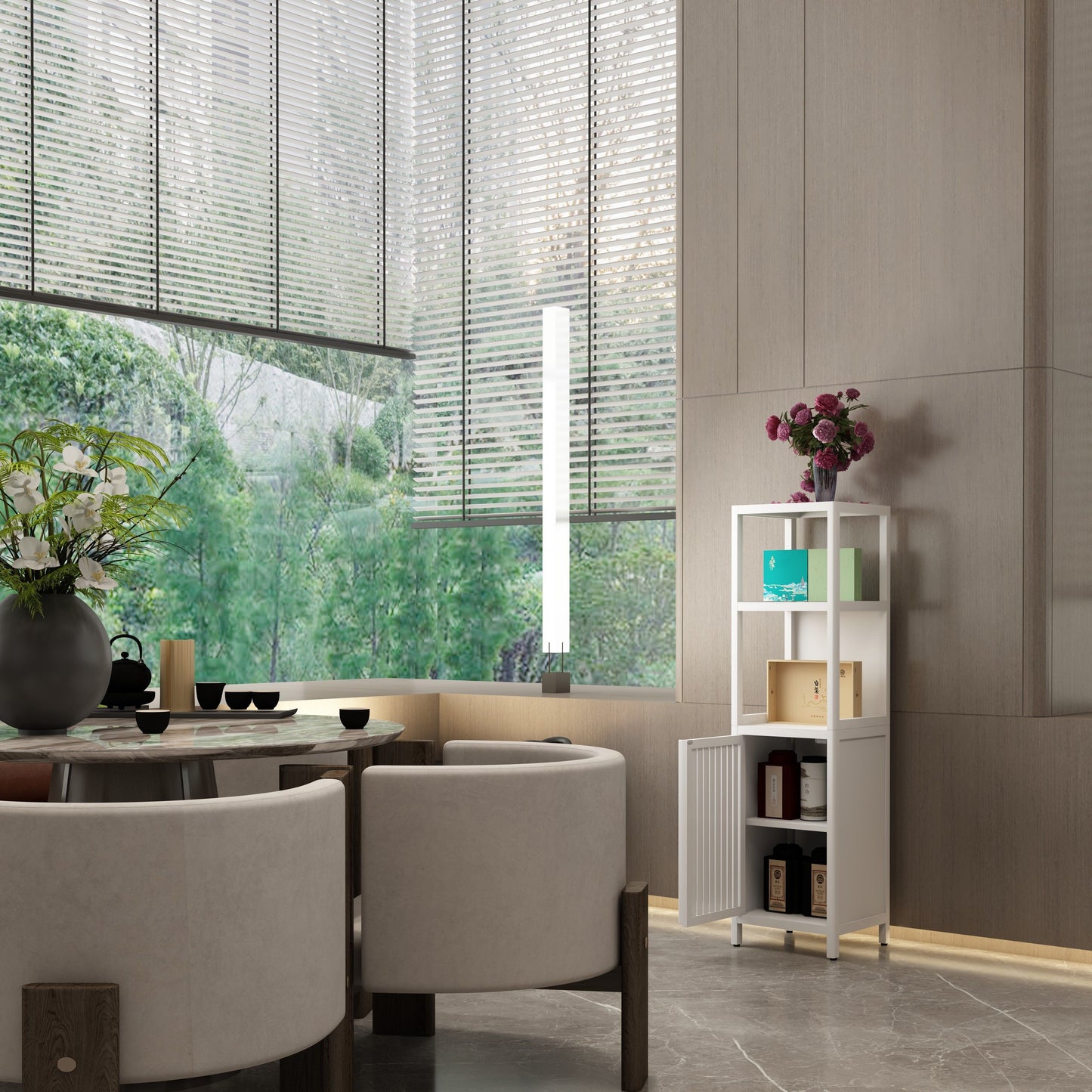 Bamboo Storage Cabinet With Tall Linen Tower, Multi Functional For Bathroom And Living Spaces - White