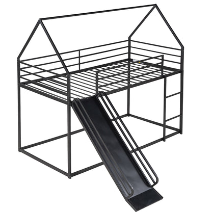 Twin Over Twin House Bunk Bed With Ladder And Slide - Black