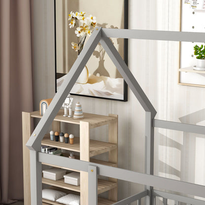 Full Size Floor Wooden Bed With House Roof Frame, Fence Guardrails - Gray